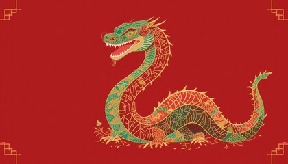 Fototapeta premium Ornate Chinese Dragon Illustration on Red Background with Traditional Border