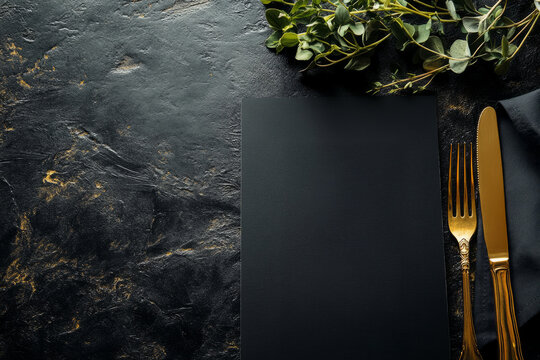 Elegant black menu featuring gold lettering composed in a stylish layout for upscale dining experiences