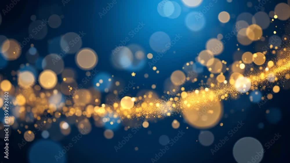 Poster elegant sparkling golden stream of particles with blue bokeh background