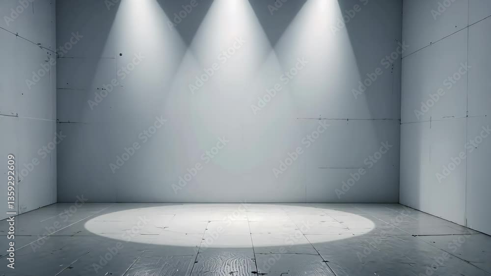 Poster empty gray room with spotlights creating shadows on concrete floor