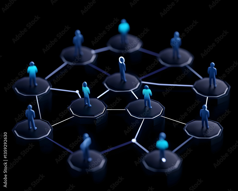 Poster networked figures on hexagonal platforms, illustrating connection and community