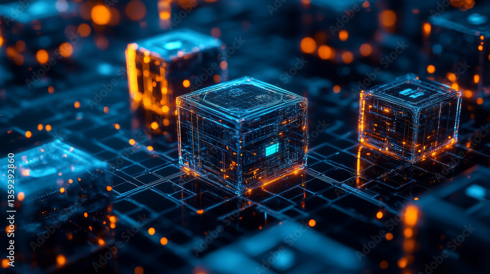 Poster blockchain technology. big data processing, fintech and digital innovation. cyberspace concept of fu
