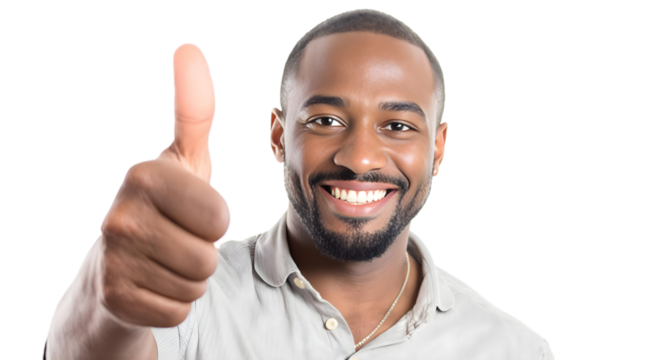 Smiling young guy with hands up, thumbs showing positive success