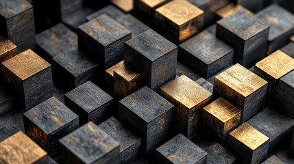 Blockchain technology. Information blocks form a decentralized global database structure. 3D illustration of nanotech cubes in cyberspace
