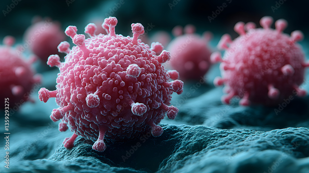 Poster microscopic virus detail: a highly detailed, close-up view of a virus cell, showcasing its complex s