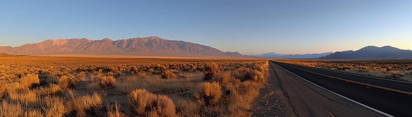 Fototapeta premium A wide panoramic view of a desert road and mountains