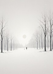Fototapeta premium A serene winter landscape featuring a sun shining through the snow-capped trees in a desolate path.