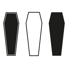 Three coffin shapes. Funeral burial symbols. Death and mourning icon. Black casket design.