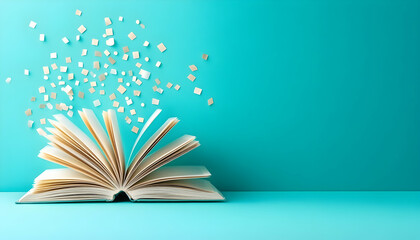Fototapeta premium Open book with magical sparkles on teal background