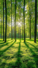 Obraz premium A beautiful forest landscape with tall trees and green grass, sunbeams through the trees