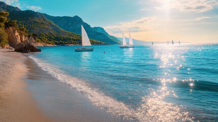 Sandy beach stretching along a calm turquoise sea, elegant sailboats on the horizon, vibrant sunlight reflecting off the water, creating a serene and inviting coastal vibe 