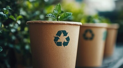 Revitalizing Green: Young plants in recyclable cups, featuring the globally recognized recycling symbol, embodying an eco-conscious lifestyle and a pledge to a greener future. 
