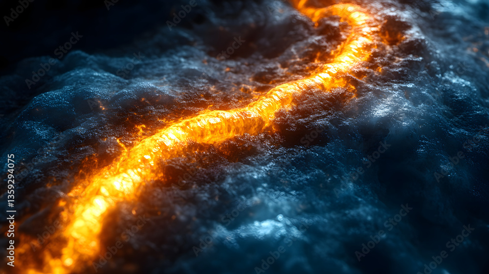 Poster magmatic river: an abstract view of a river of flowing magma carving its way through the deep blues 
