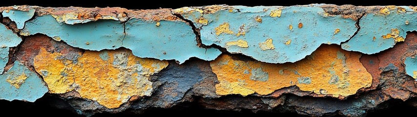 Cracked and peeling painted surface displays layers of rust and color