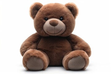 Obraz premium A plush brown teddy bear with a friendly smile, sitting comfortably against a white background.