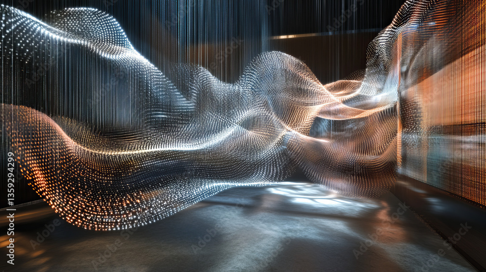 Poster hi-tech, sci-fi 3d illustration abstract musical beat. sound wave in field of big data particles. da