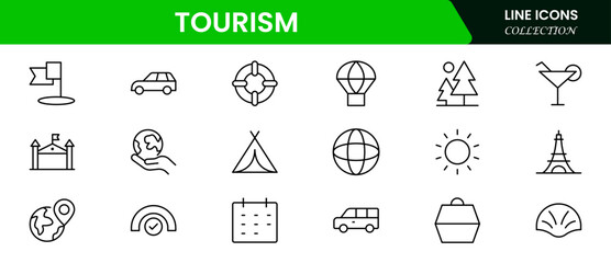 Fototapeta premium Tourism icon set. Airplane, trip, beach, passport, summer vacations, luggage, camping, hotel. Collection of traveling and tourism elements. Vector illustration.