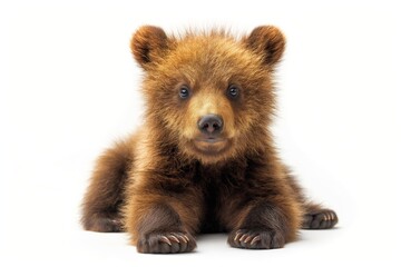 Adorable young bear cub with fluffy fur, gazing curiously at the viewer against a plain backdrop.