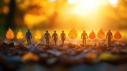 Fototapeta premium Golden Leaves and Silhouettes: A captivating tableau of human silhouettes framed by autumn leaves, set against a soft focus golden sunlit backdrop, evoking warmth and introspection.