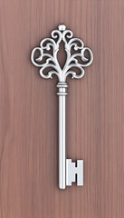 Ornate silver skeleton key on wood background (1)