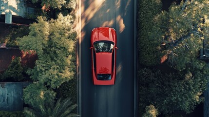 An overhead shot capturing a vibrant red car cruising along a tree-lined road, symbolizing freedom and adventure in a beautifully manicured neighborhood landscape.