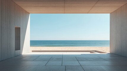 Fototapeta premium Seaside architectural masterpiece, minimalist structure overlooking the ocean, framed by sand and sky, clear daylight and room for copy space. 