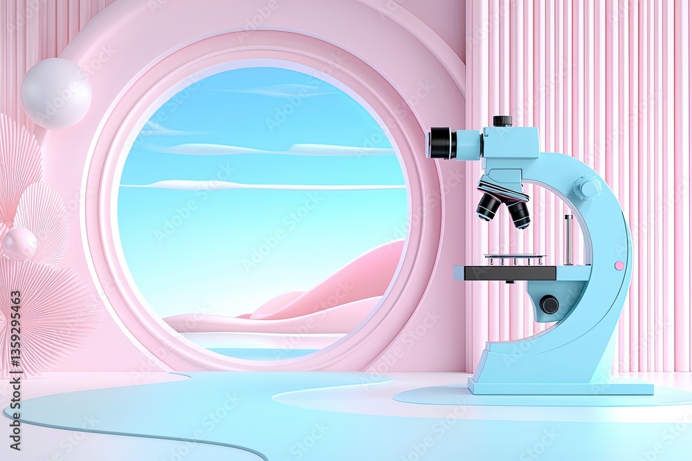 Aufkleber modern laboratory setting with light blue microscope and soft pink background featuring round window
