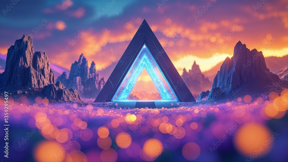 Poster mysterious triangular structure glows in vibrant landscape at sunset with mountains in the backgroun