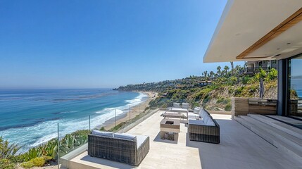 Fototapeta premium Seaside mansion with an expansive terrace, panoramic ocean views, stylish minimalist furnishings, gentle ocean breeze, bright midday light
