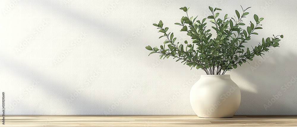 Aufkleber minimalist view of white empty room featuring large, round white vase filled with lush green leaves,
