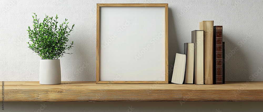 Aufkleber minimalist display featuring blank picture frame on wooden shelf, accompanied by small potted plant 