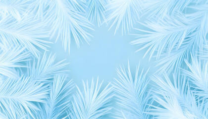 Pastel blue palm fronds arranged symmetrically on a light blue background, creating a frame
