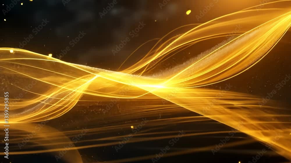 Poster golden abstract light waves flow over dark reflective surface with sparkling particles
