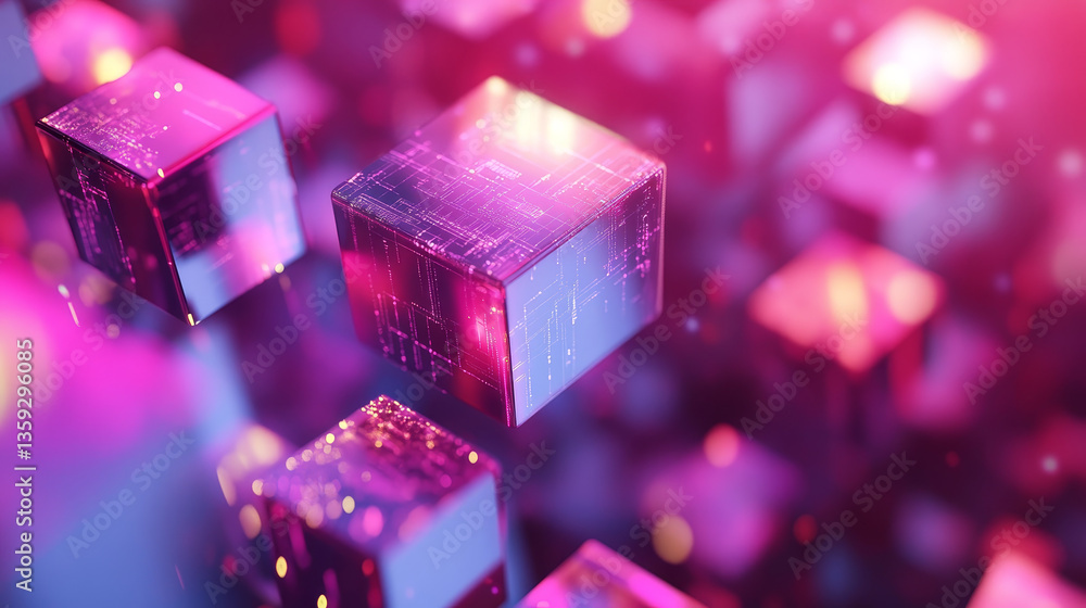 Poster blockchain hi tech. information blocks form a decentralized global database structure. 3d illustrati