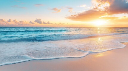 Obraz premium Serene beach at dawn golden sunlight warms gentle waves soft white sand tranquil mood wide-angle low shot dreamy pastel sky reflective water. 