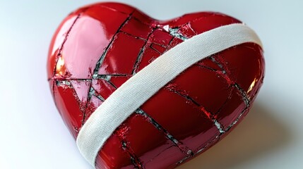 This striking sculpture of a cracked heart wrapped in a bandage symbolizes emotional healing and resilience, conveying deep human experiences and the journey of recovery.