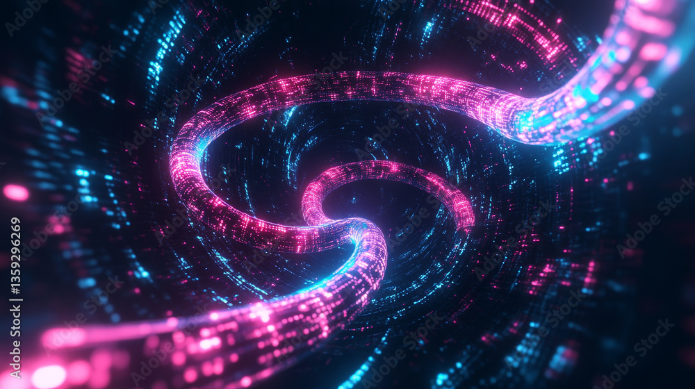 Poster abstract neon hi-tech background. glowing neon chain, spiral. cyberpunk information blocks. blockcha