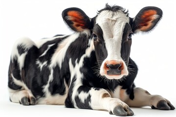 Fototapeta premium A relaxed black and white calf lying down on a soft surface, showcasing its gentle expression and distinctive markings.