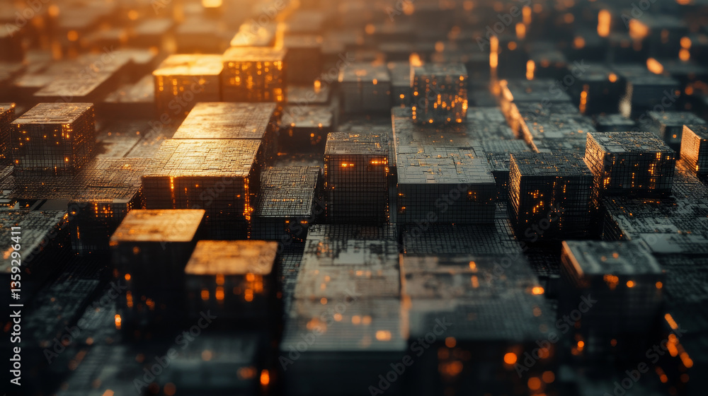 Poster blockchain hi tech. information blocks form a decentralized global database structure. 3d illustrati