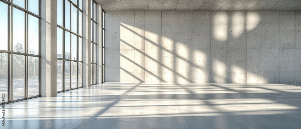 Aufkleber spacious interior with large windows allowing natural light to flood in, casting long shadows on con