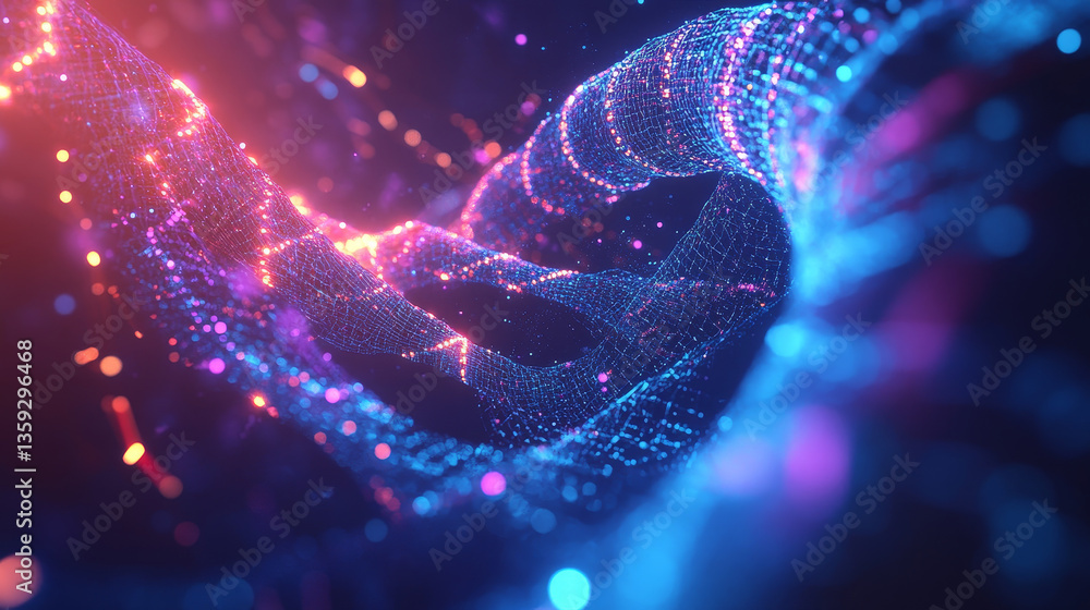 Poster abstract neon hi-tech background. glowing neon chain, spiral. cyberpunk information blocks. blockcha