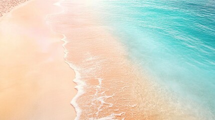 Fototapeta premium Serene beachscape with golden sand meeting pastel-hued horizon, gentle ocean waves lapping, soft pink and orange sunrise tones 