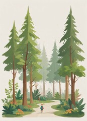 Fototapeta premium A serene forest scene featuring tall pine trees, a winding path, and a lone figure walking along it.