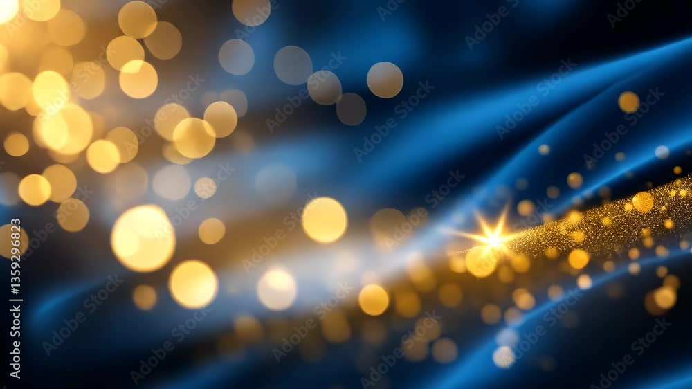 Poster golden bokeh lights over flowing blue fabric creating elegant abstract background