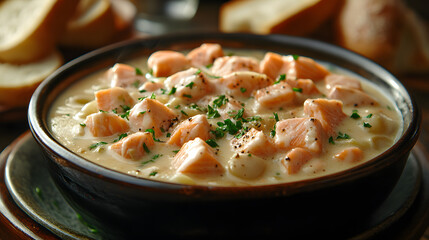 Salmon Chowder: A hearty bowl of creamy salmon chowder, showcasing tender chunks of salmon in a rich broth, surrounded by fresh bread and herbs, inviting a feast for the senses.