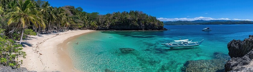 Obraz premium A beautiful tropical beach scene with clear turquoise water and boats