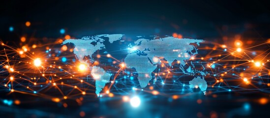 A digital world map made of glowing data points and code lines, a global network concept on a dark background with copy space for a technology or business theme