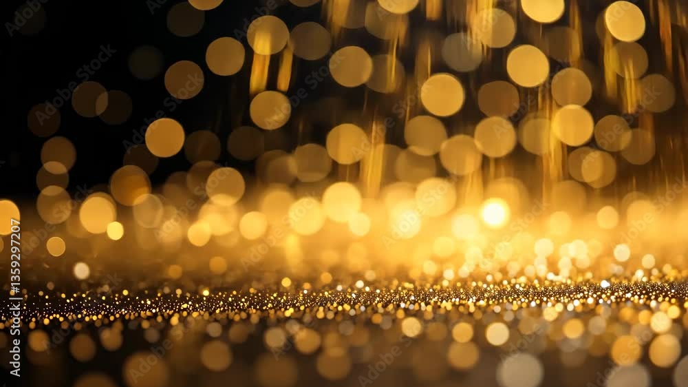 Poster golden glitter abstract bokeh background with falling sparkling particles on black surface