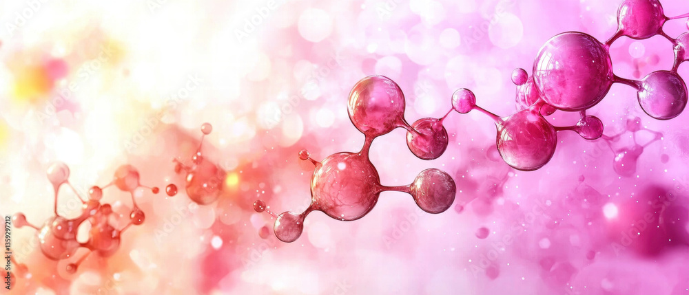 Poster vibrant and colorful representation of molecular structures, showcasing beauty of science and technology. image features interconnected spheres shades of pink and purple, creating dynamic visual
