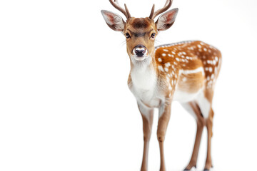 Fototapeta premium A young, spotted male deer stands gracefully against a white background, showcasing its delicate features and alert expression.